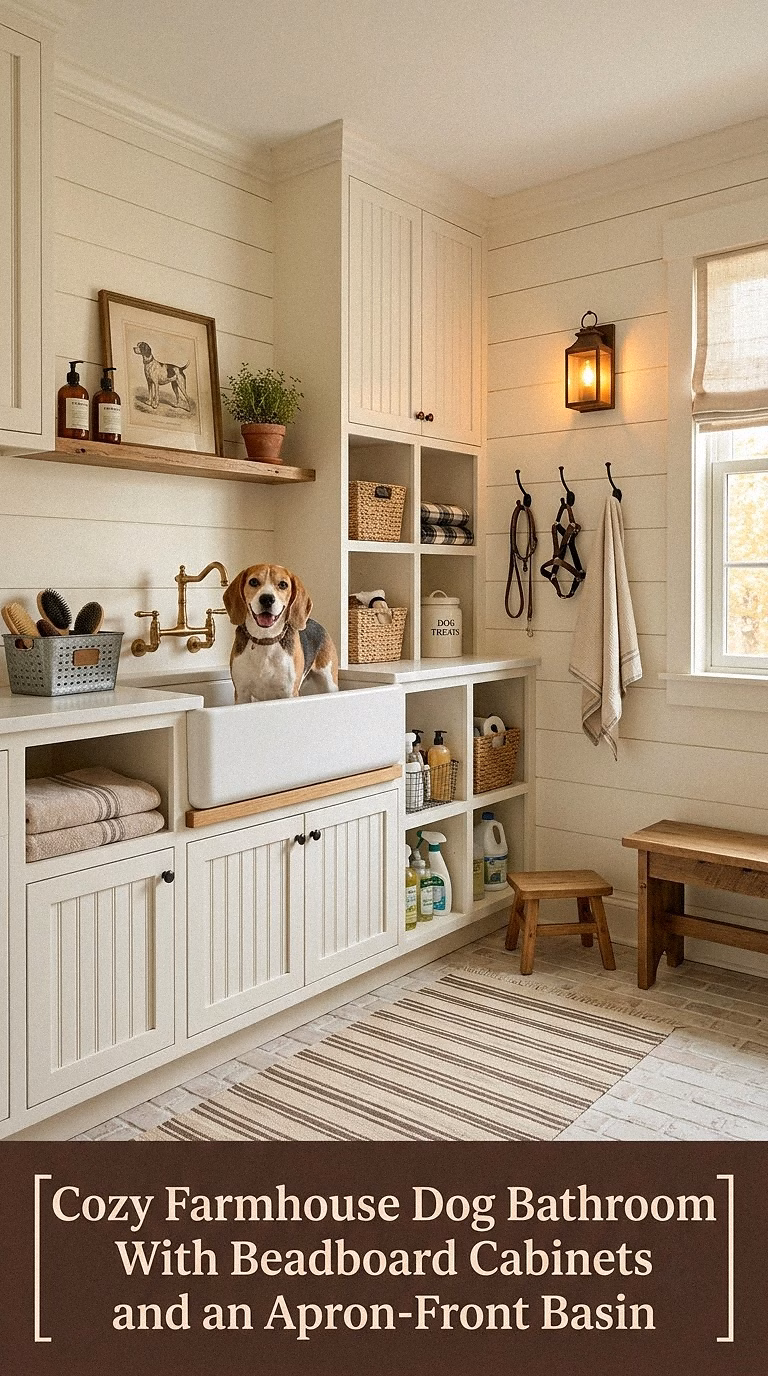 5. Cozy Farmhouse Dog Bathroom With Beadboard Cabinets and an Apron-Front Basin