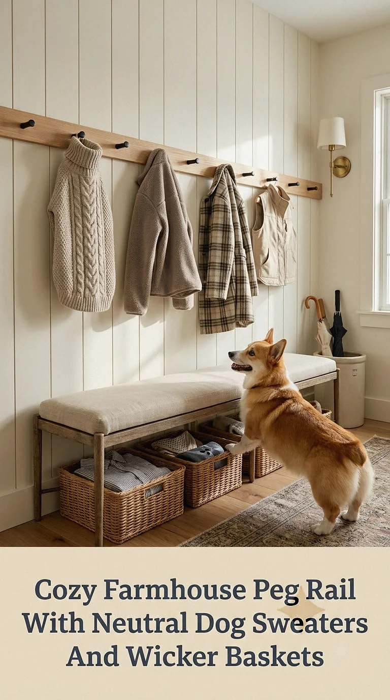 Cozy Farmhouse Peg Rail With Neutral Dog Sweaters And Wicker Baskets