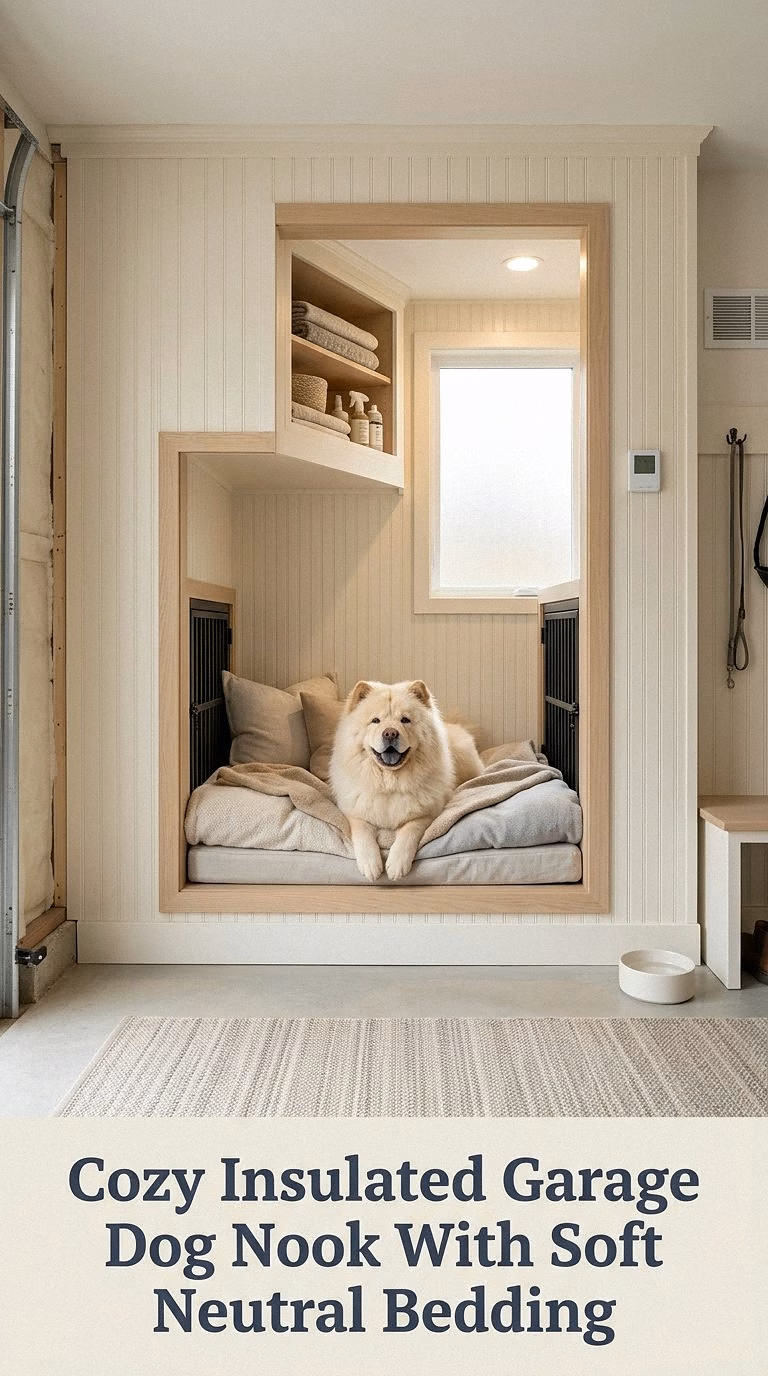 Cozy Insulated Garage Dog Nook With Soft Neutral Bedding