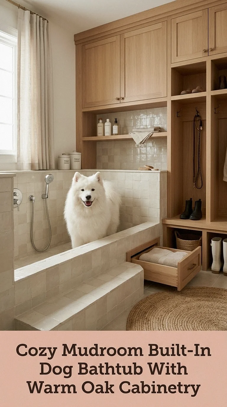 Cozy Mudroom Built-In Dog Bathtub With Warm Oak Cabinetry