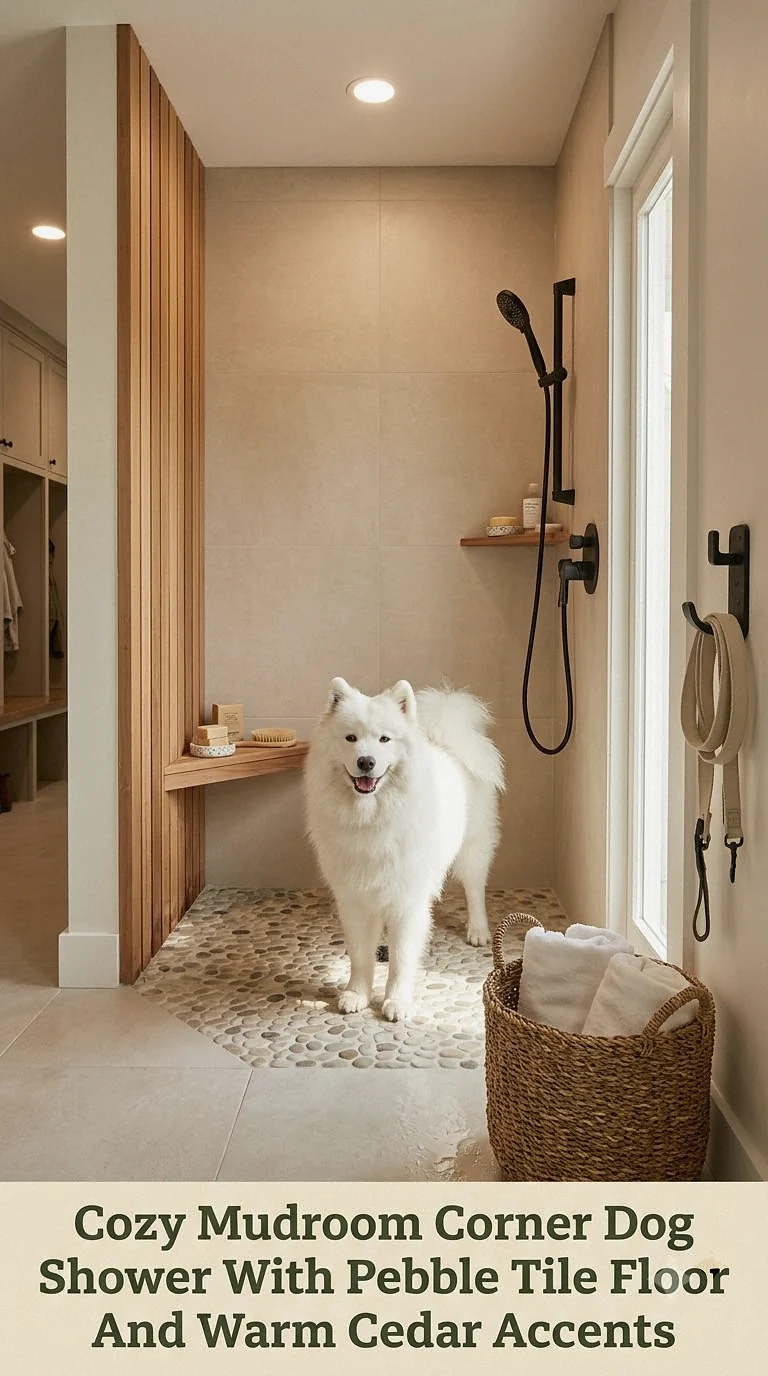 Cozy Mudroom Corner Dog Shower With Pebble Tile Floor And Warm Cedar Accents