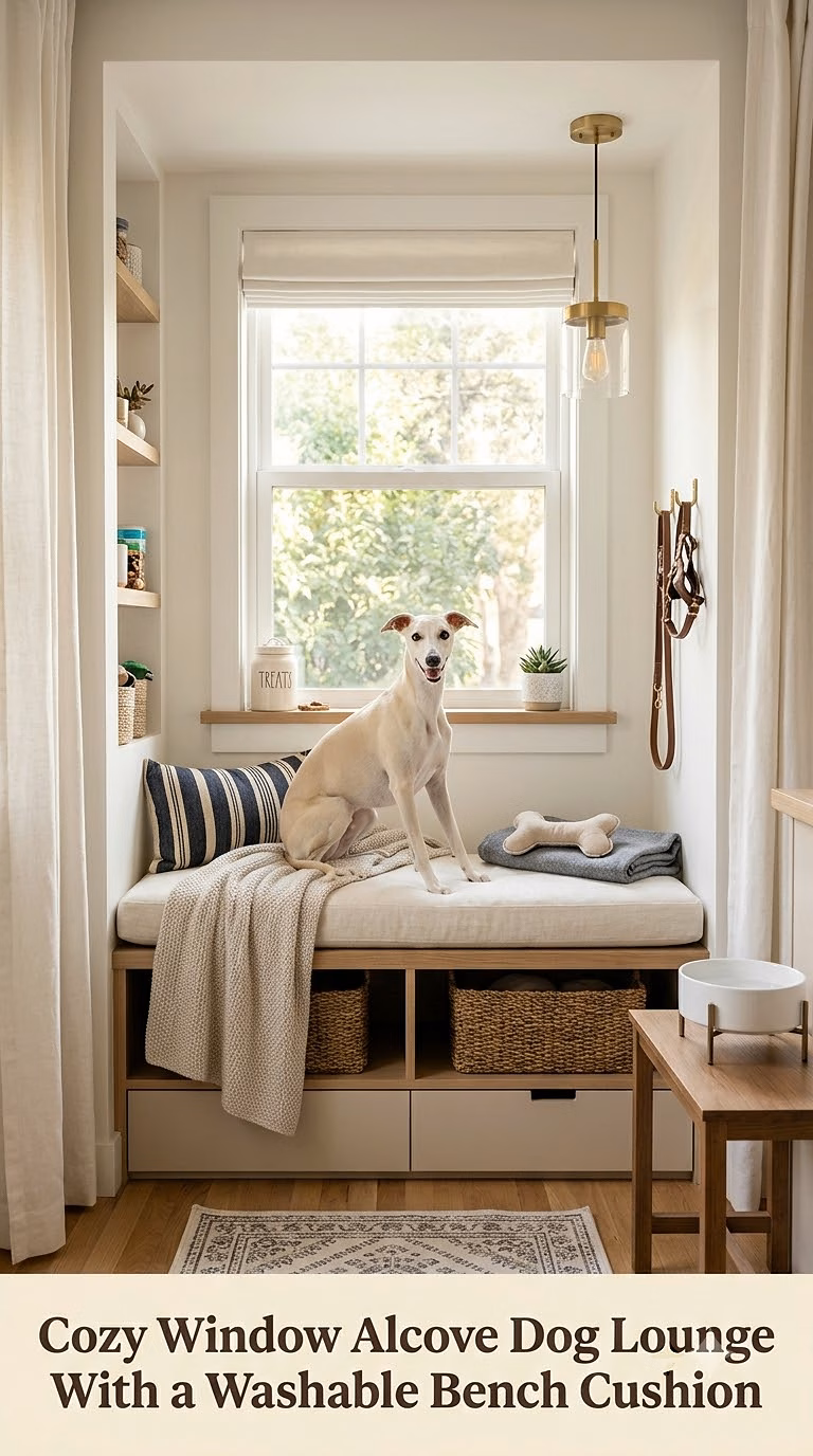 5. Cozy Window Alcove Dog Lounge With a Washable Bench Cushion