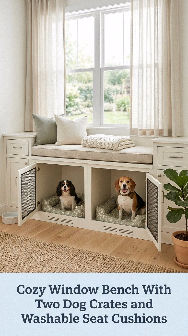 Cozy Window Bench With Two Dog Crates and Washable Seat Cushions