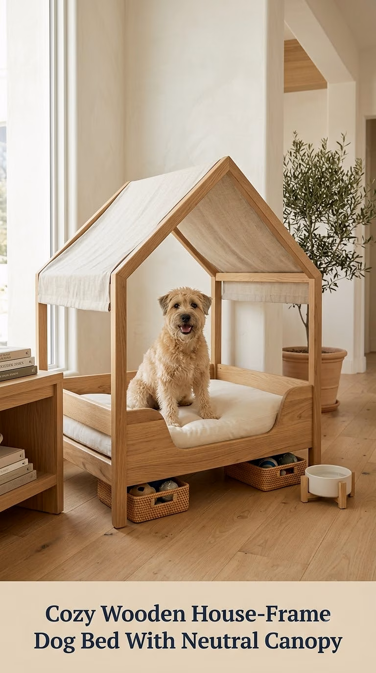 Cozy Wooden House-Frame Dog Bed With Neutral Canopy