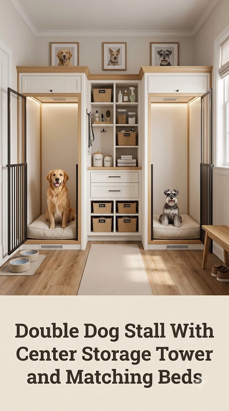 Double Dog Stall With Center Storage Tower and Matching Beds