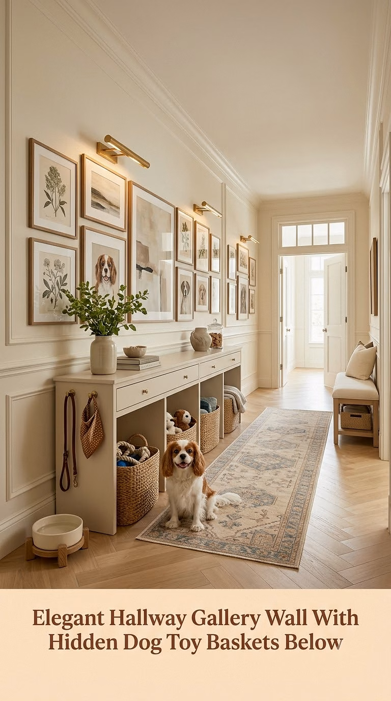 5. Elegant Hallway Gallery Wall With Hidden Dog Toy Baskets Below