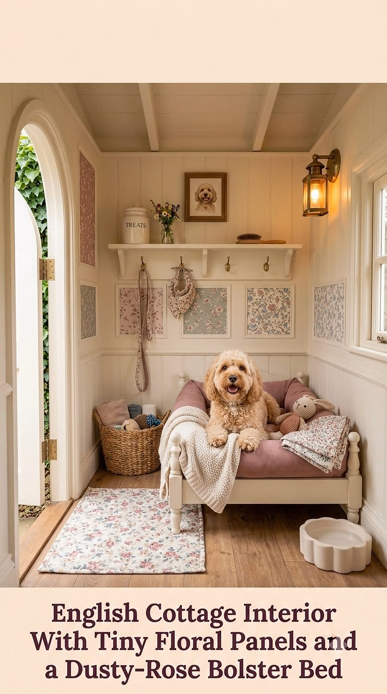 5. English Cottage Interior With Tiny Floral Panels and a Dusty-Rose Bolster Bed