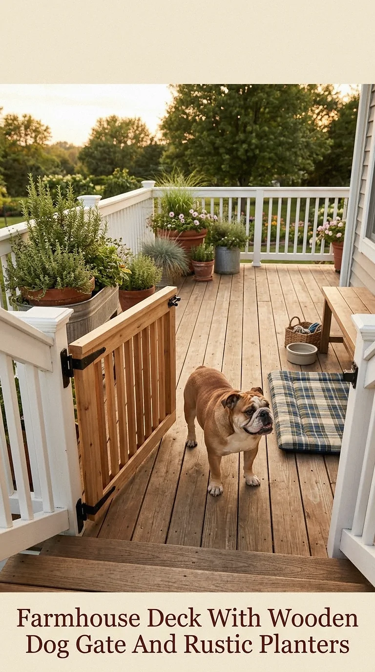 Farmhouse Deck With Wooden Dog Gate And Rustic Planters