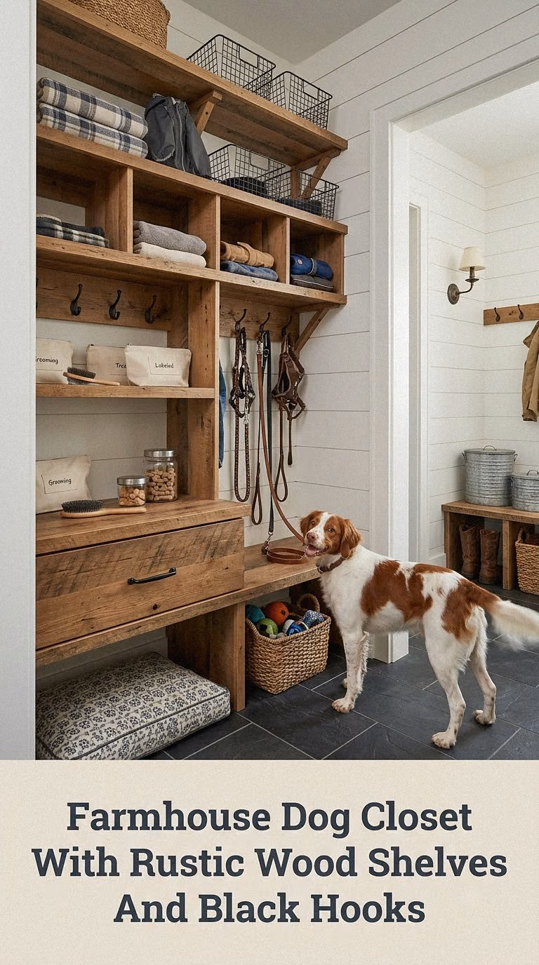 Farmhouse Dog Closet With Rustic Wood Shelves And Black Hooks
