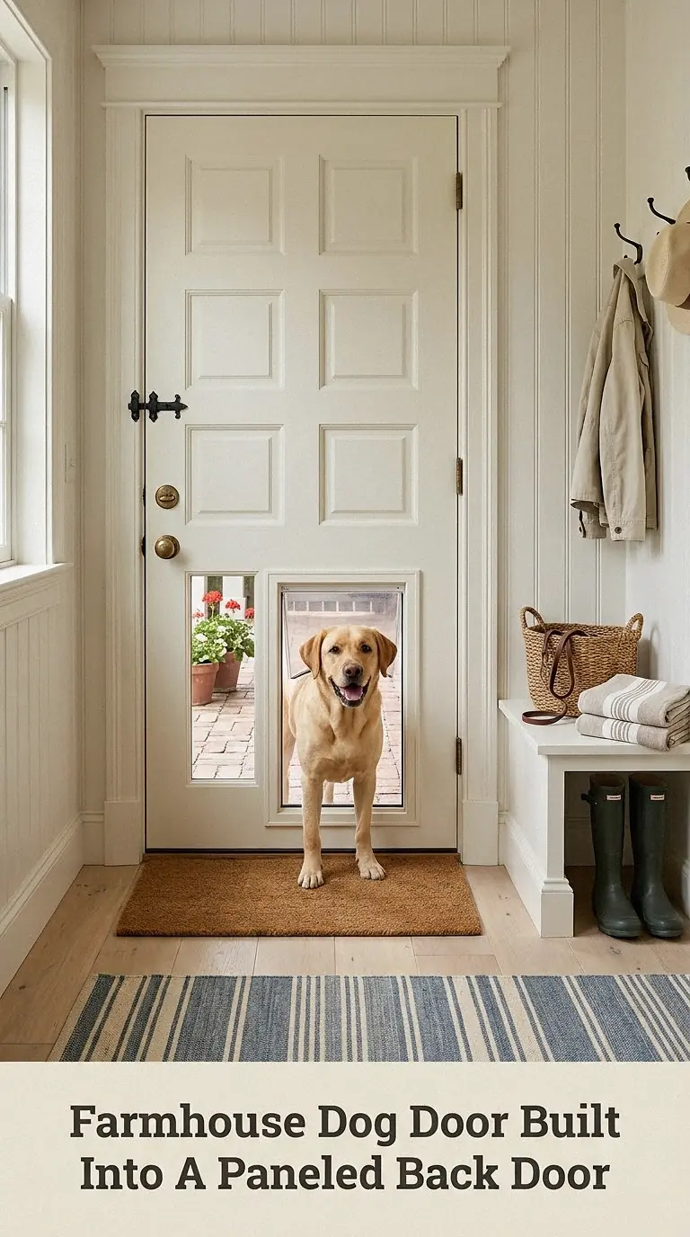 Farmhouse Dog Door Built Into A Paneled Back Door