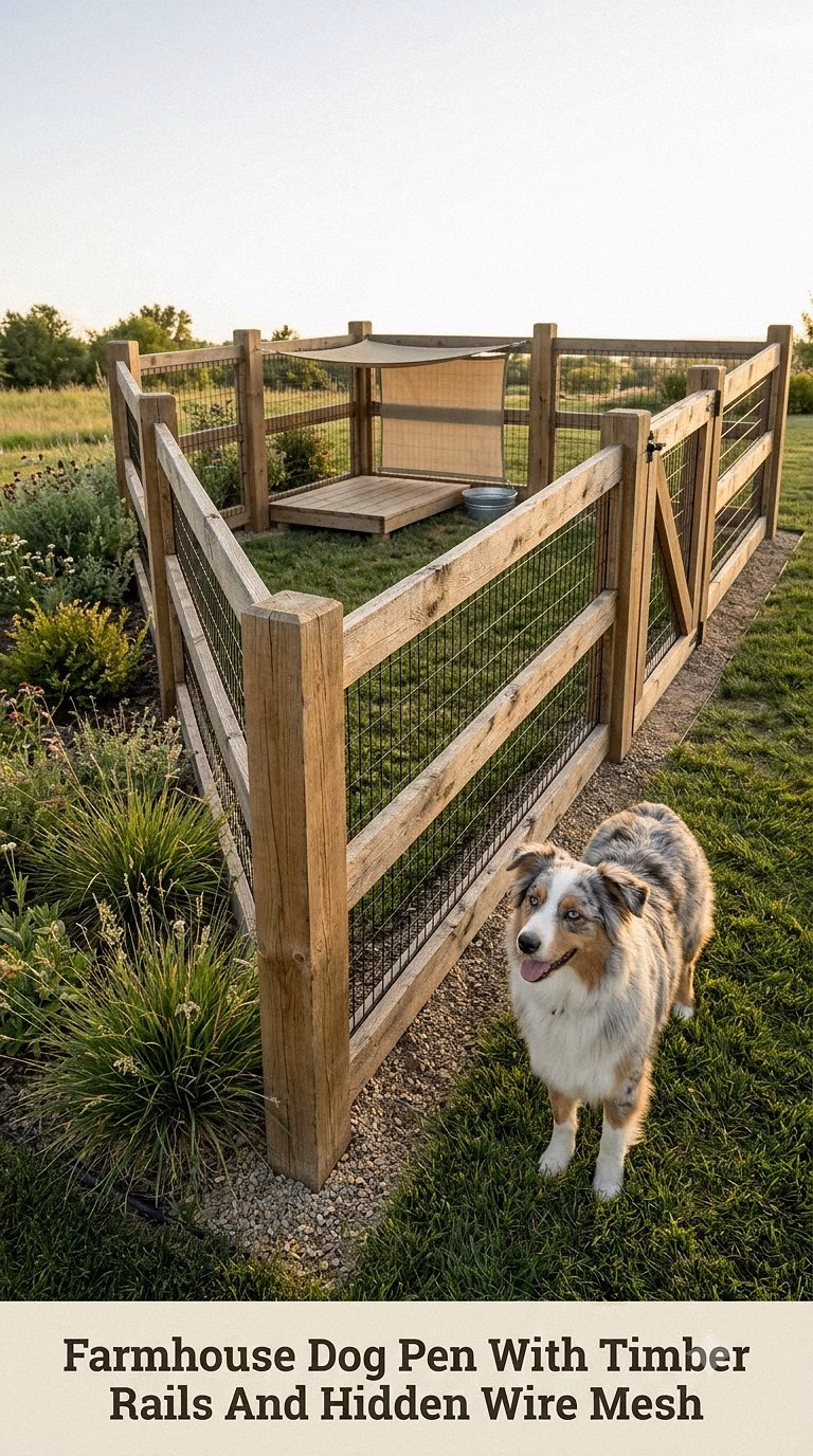 Farmhouse Dog Pen With Timber Rails And Hidden Wire Mesh