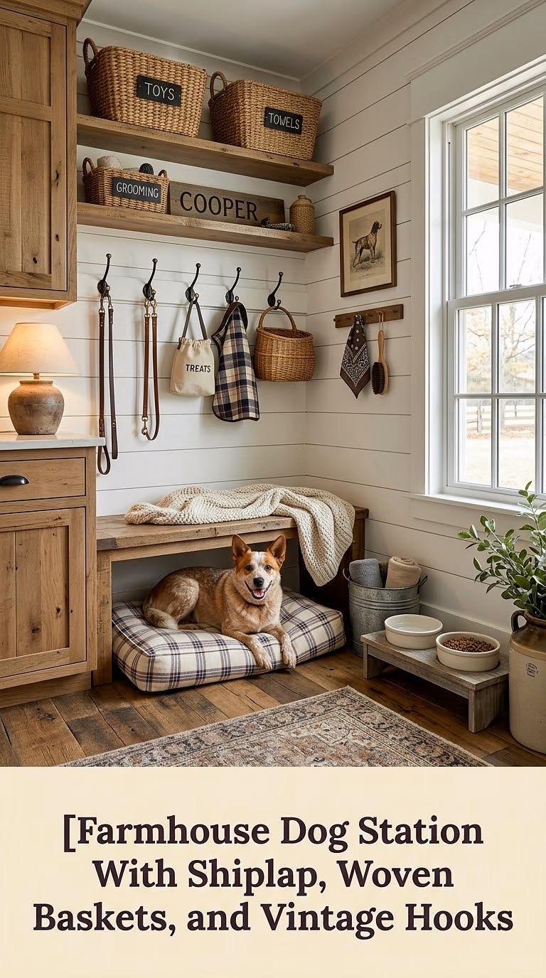 5. Farmhouse Dog Station With Shiplap, Woven Baskets, and Vintage Hooks