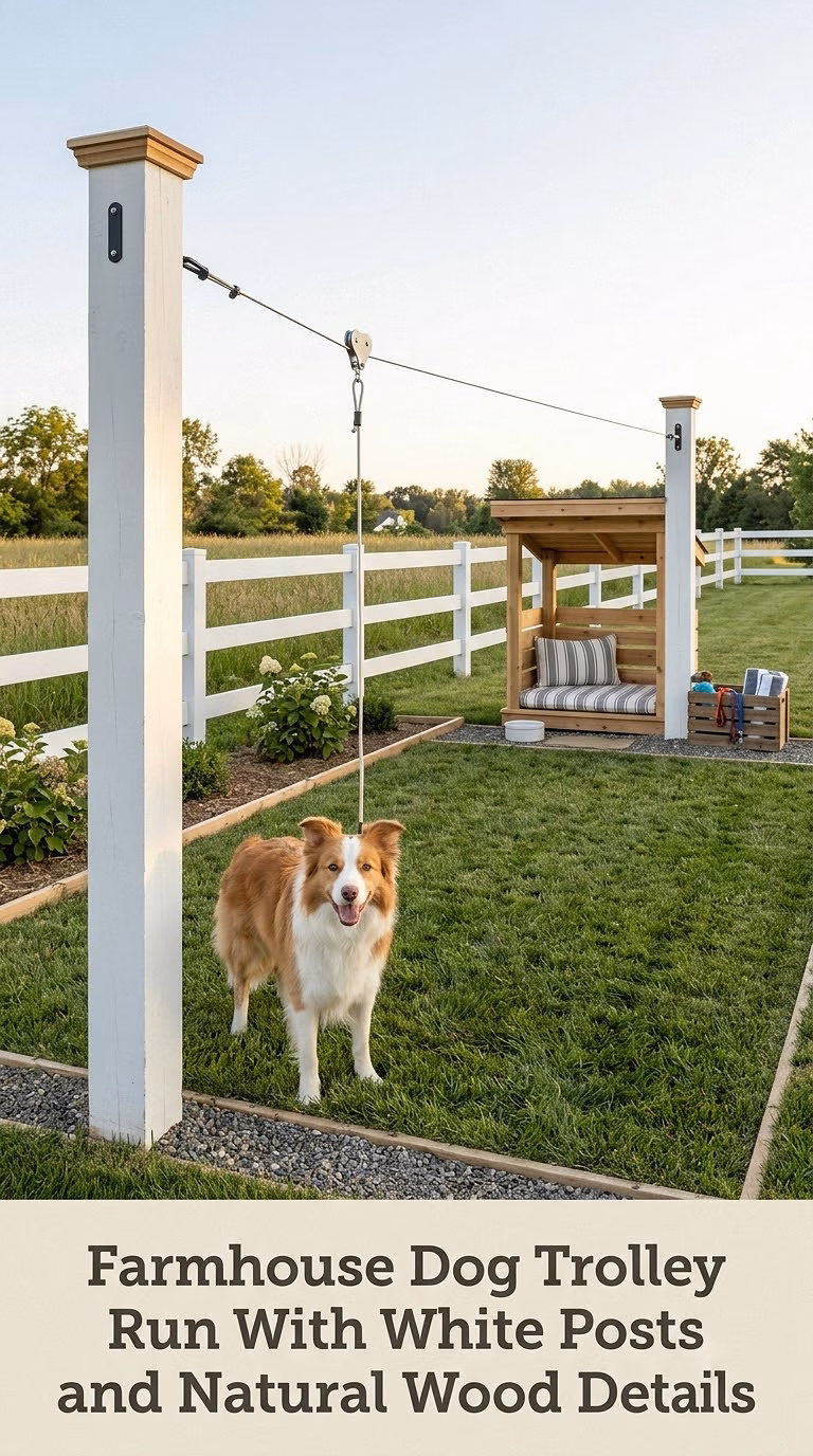 Farmhouse Dog Trolley Run With White Posts and Natural Wood Details