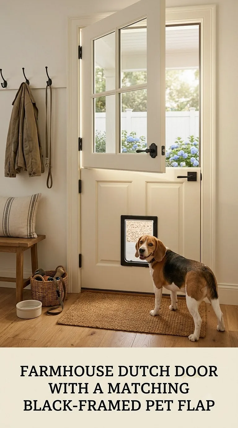 Farmhouse Dutch Door With A Matching Black-Framed Pet Flap