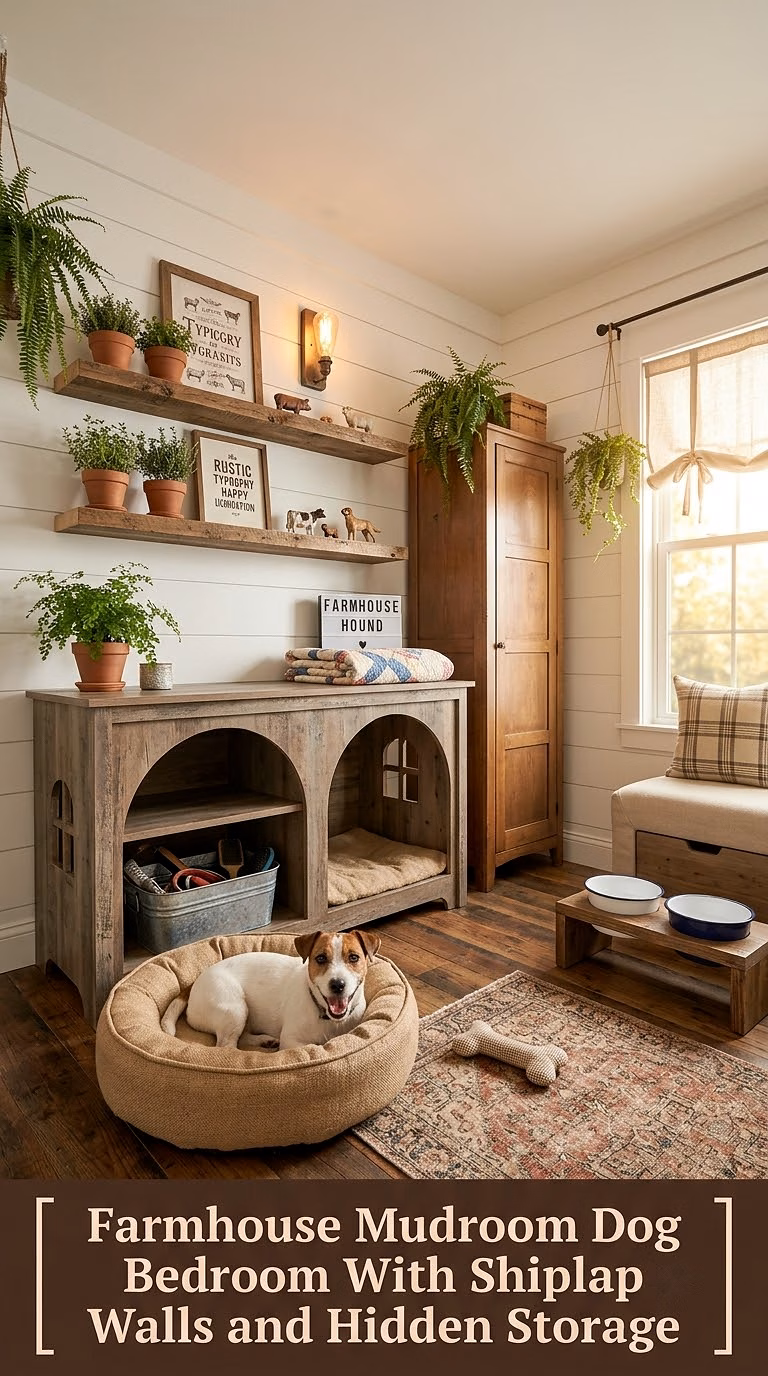 5. Farmhouse Mudroom Dog Bedroom With Shiplap Walls and Hidden Storage