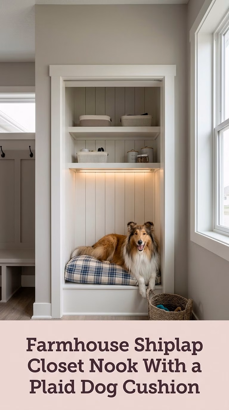 Farmhouse Shiplap Closet Nook With a Plaid Dog Cushion