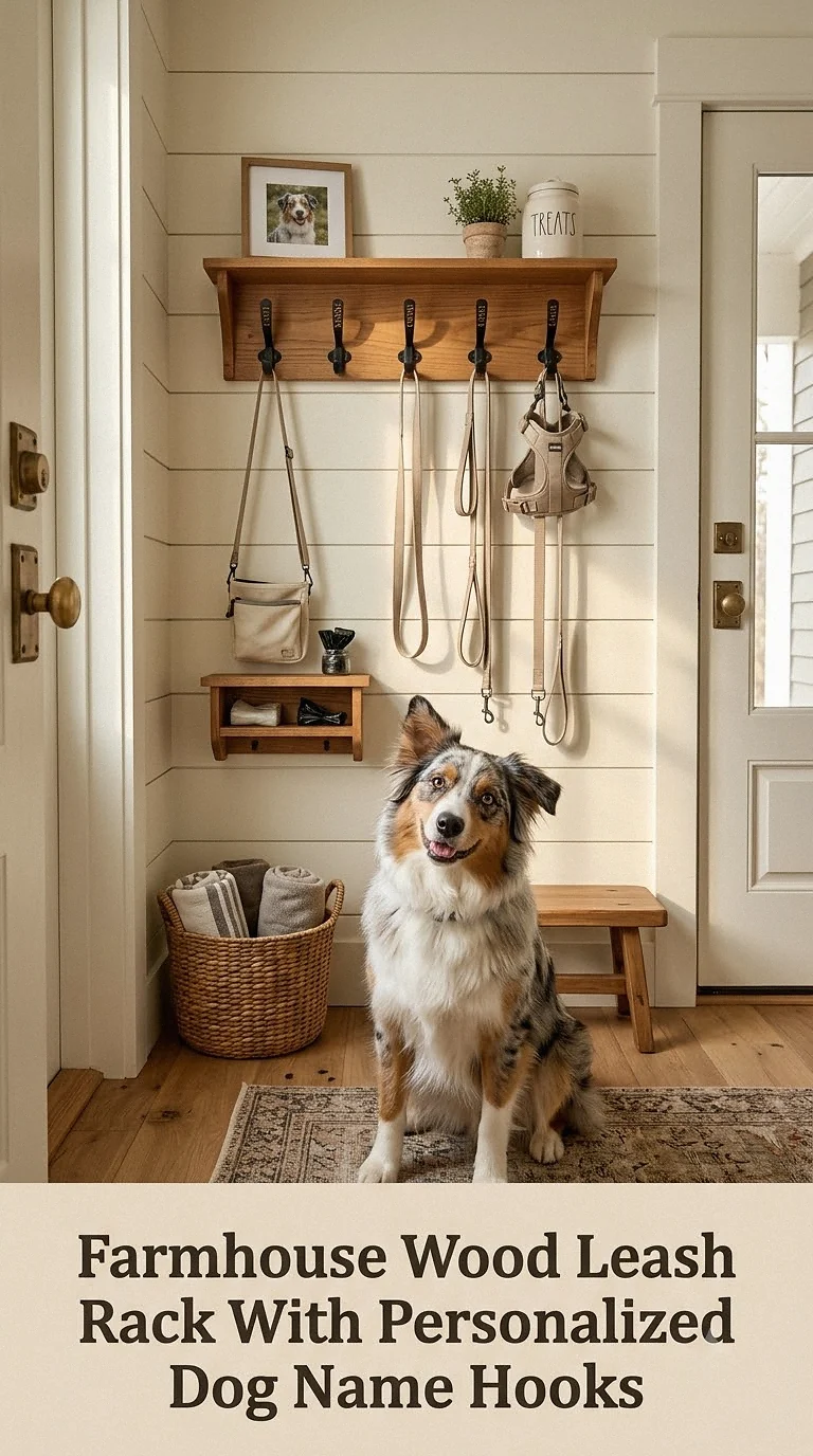 Farmhouse Wood Leash Rack With Personalized Dog Name Hooks