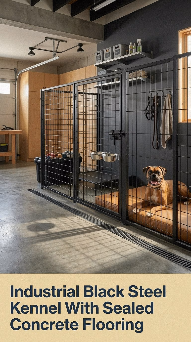 Industrial Black Steel Kennel With Sealed Concrete Flooring