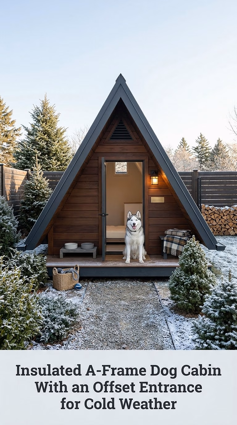 Insulated A-Frame Dog Cabin With an Offset Entrance for Cold Weather