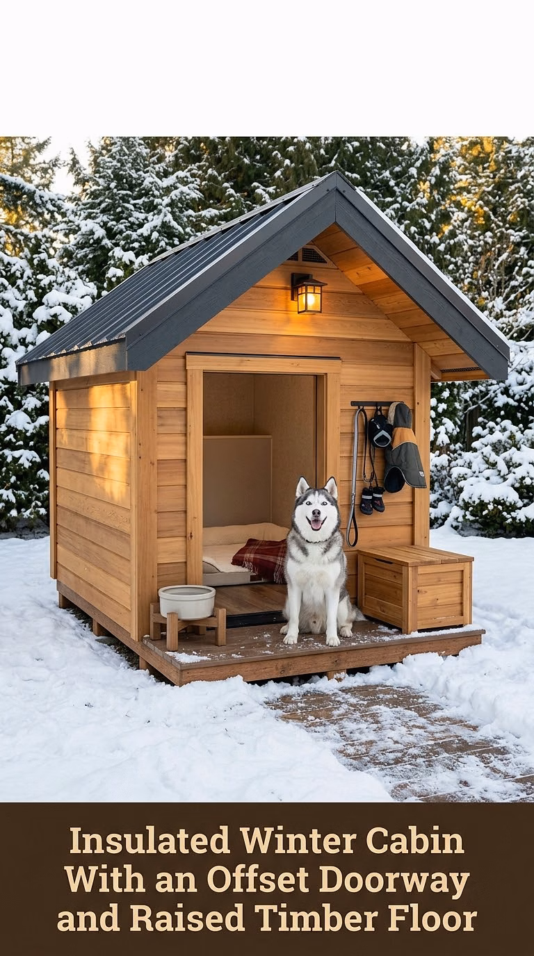 Insulated Winter Cabin With an Offset Doorway and Raised Timber Floor