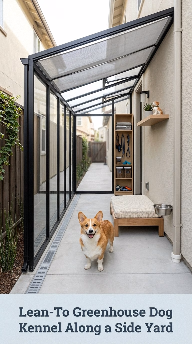Lean-To Greenhouse Dog Kennel Along a Side Yard