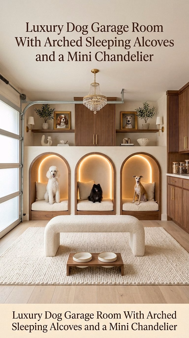5. Luxury Dog Garage Room With Arched Sleeping Alcoves and a Mini Chandelier