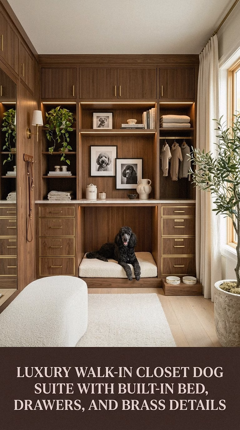 5. Luxury Walk-In Closet Dog Suite With Built-In Bed, Drawers, and Brass Details
