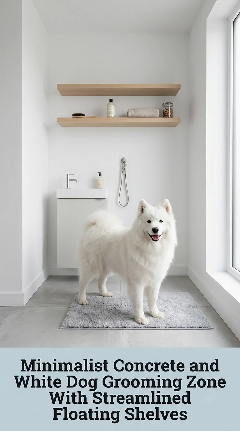 Minimalist Concrete and White Dog Grooming Zone With Streamlined Floating Shelves