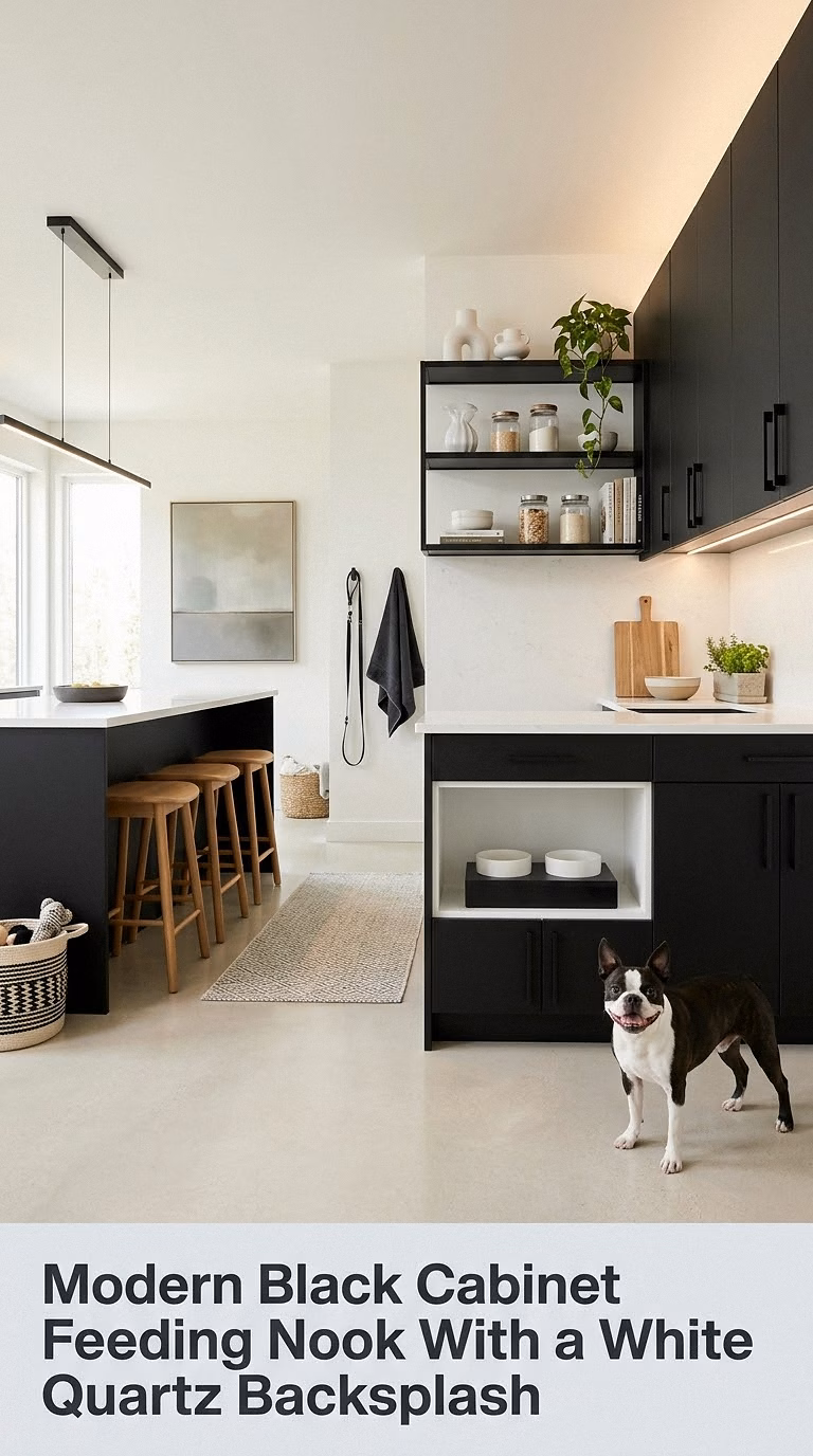 5. Modern Black Cabinet Feeding Nook With a White Quartz Backsplash