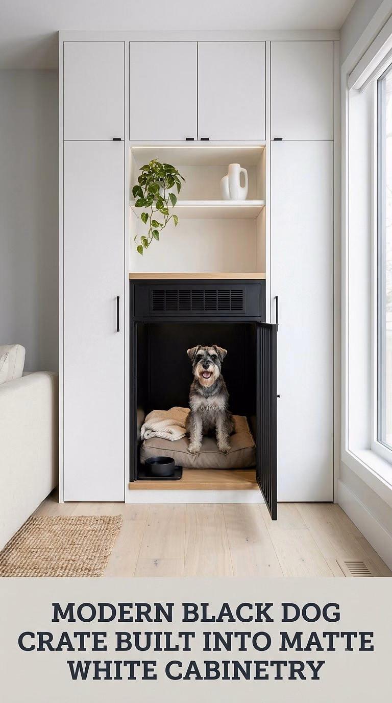 Modern Black Dog Crate Built Into Matte White Cabinetry