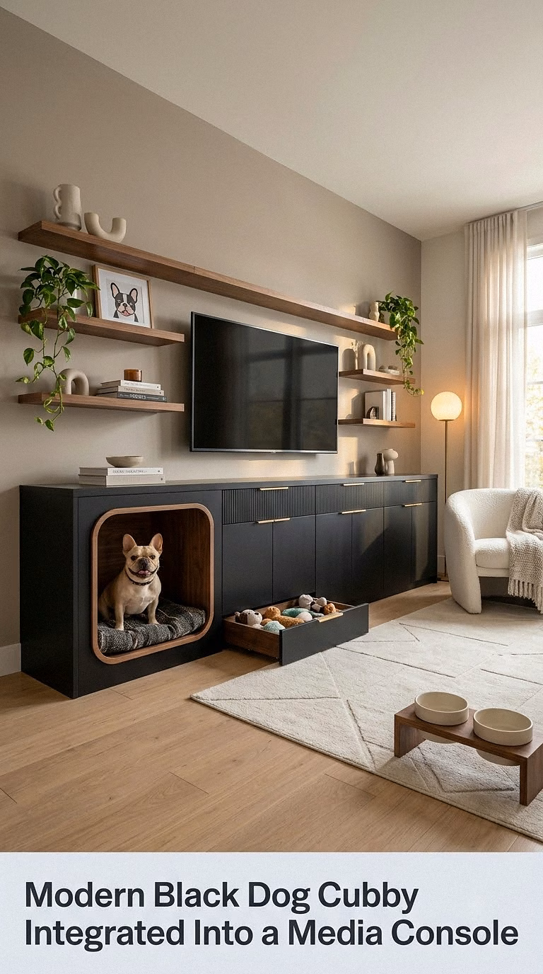 5. Modern Black Dog Cubby Integrated Into a Media Console