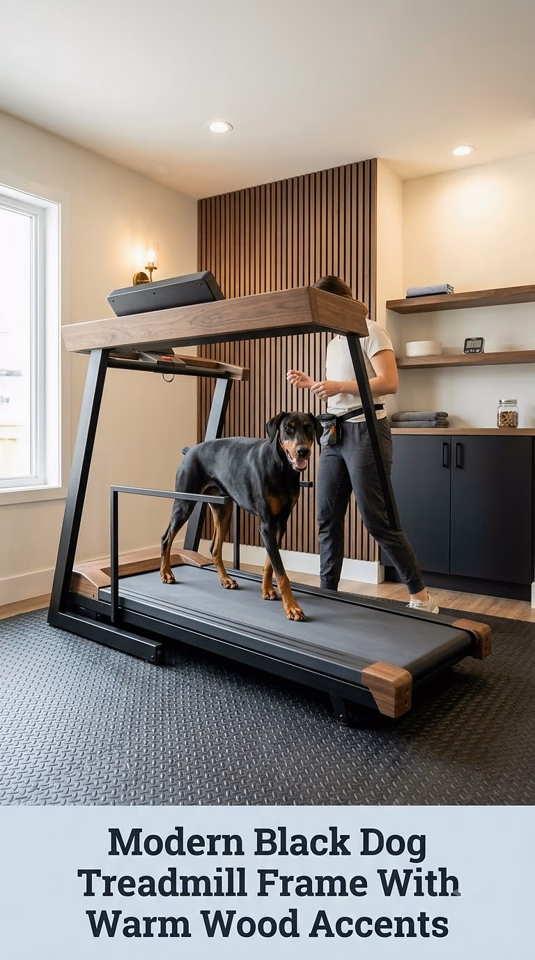 Modern Black Dog Treadmill Frame With Warm Wood Accents