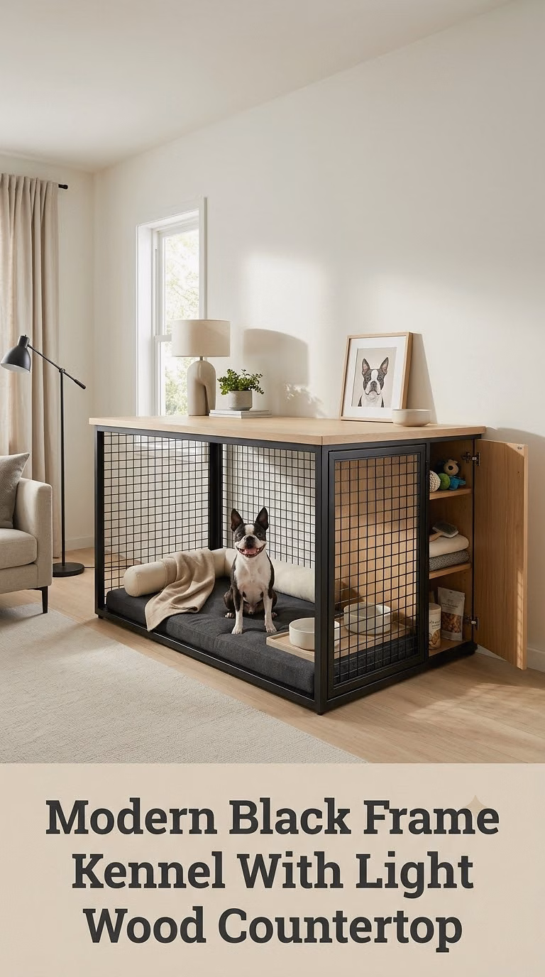 Modern Black Frame Kennel With Light Wood Countertop