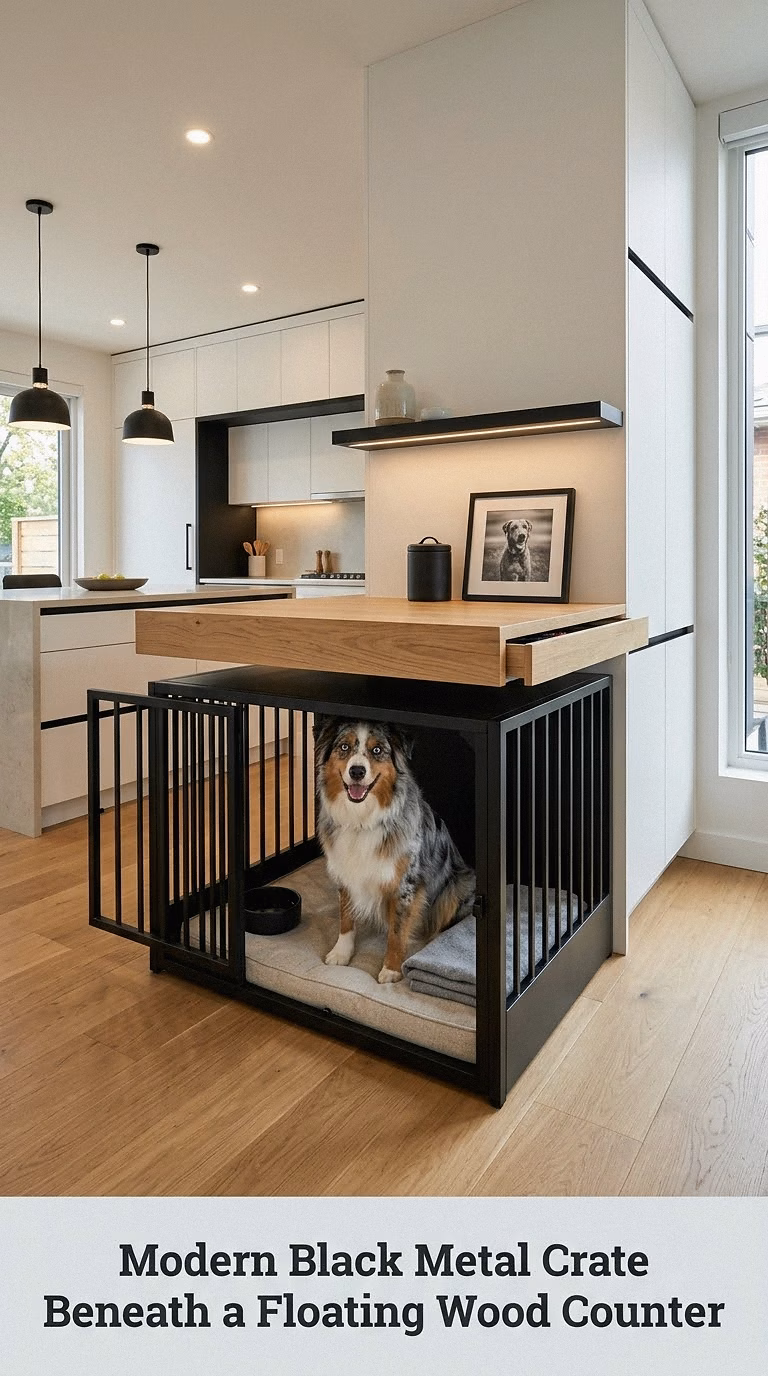 Modern Black Metal Crate Beneath a Floating Wood Counter