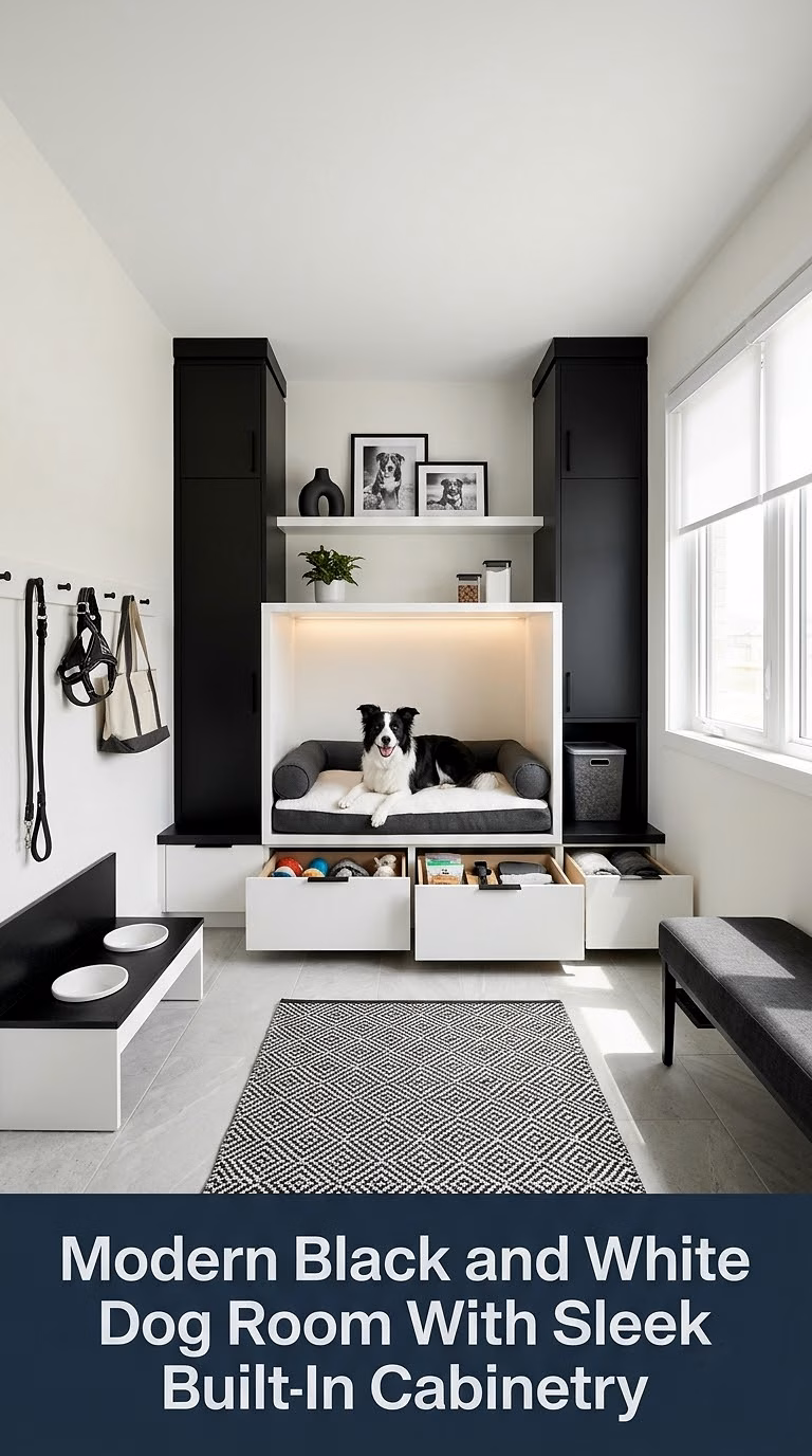 5. Modern Black and White Dog Room With Sleek Built-In Cabinetry