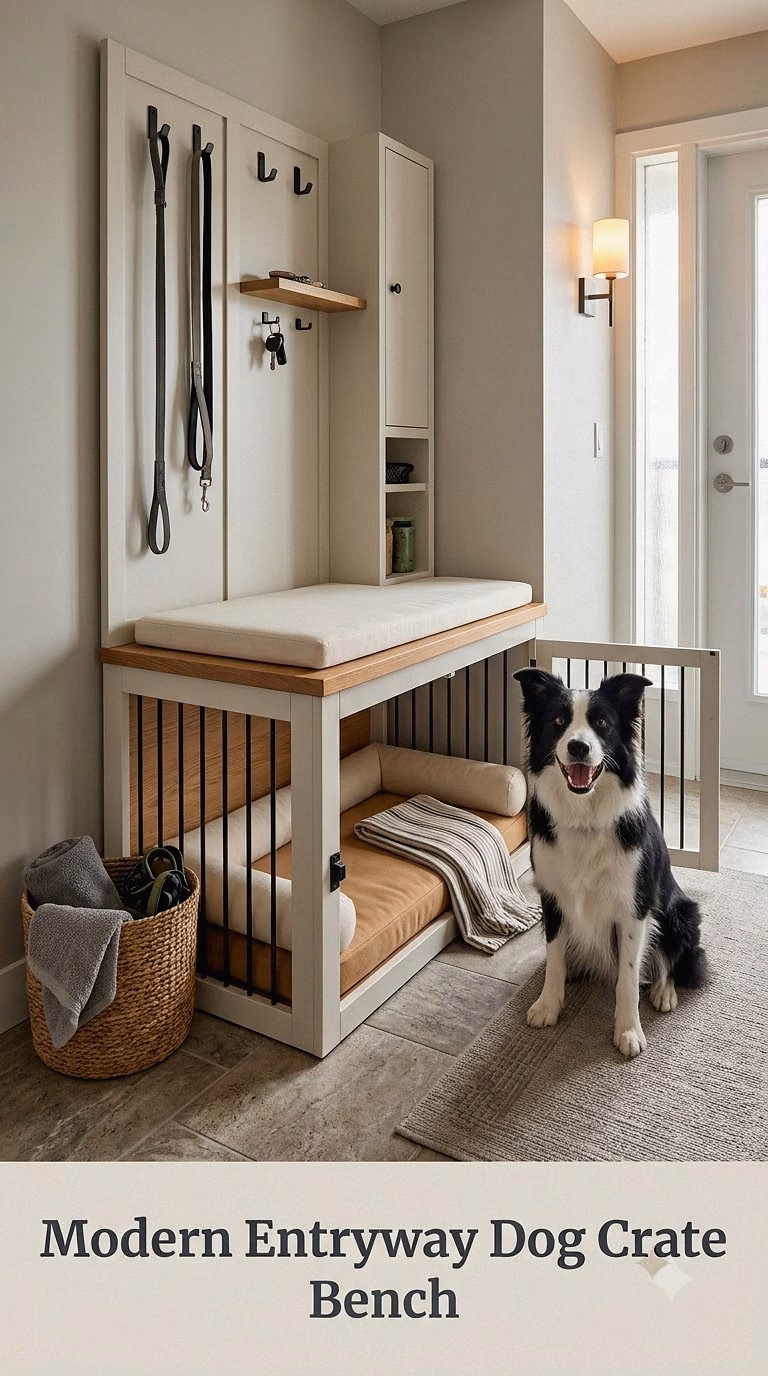 Modern Entryway Dog Crate Bench With Leash Hooks