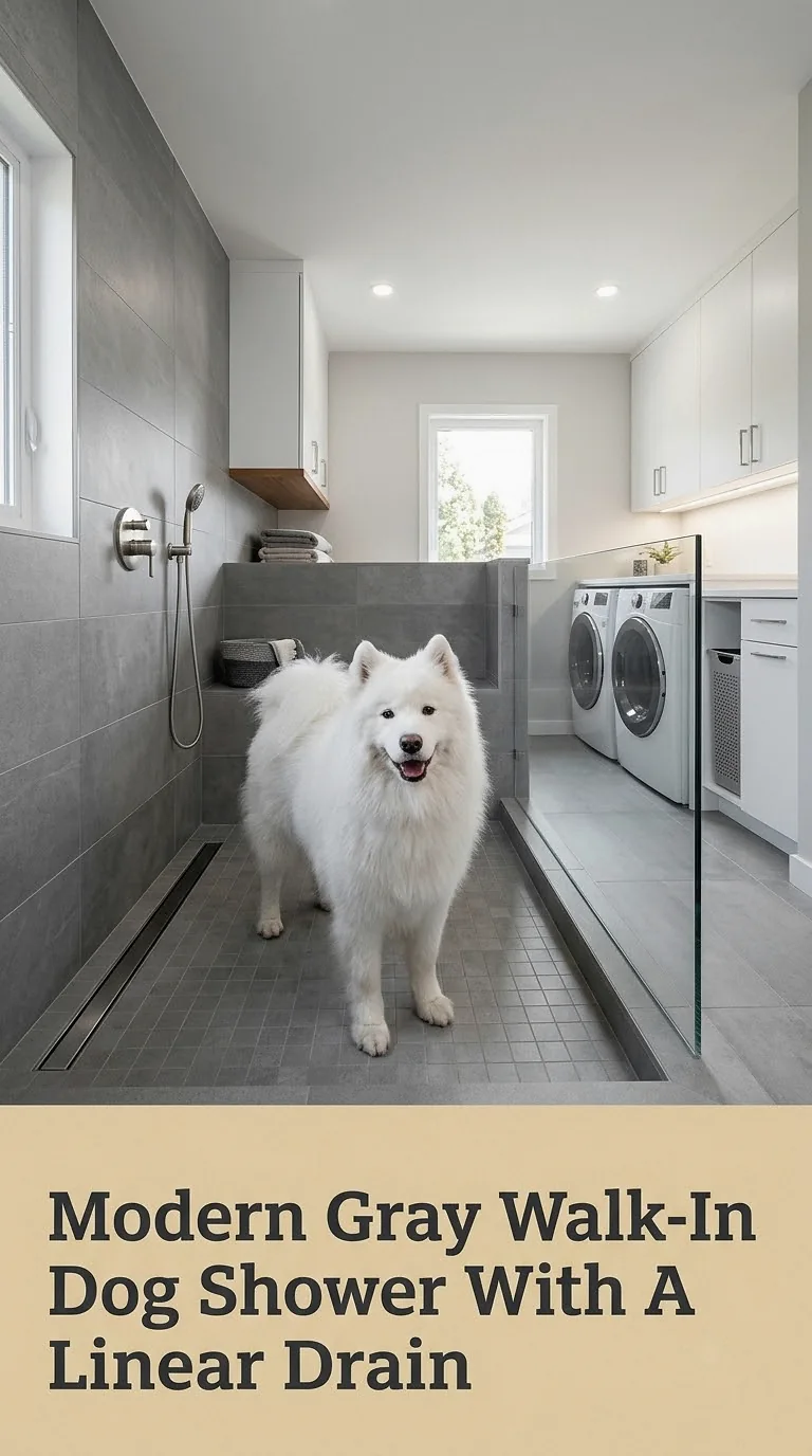 Modern Gray Walk-In Dog Shower With A Linear Drain