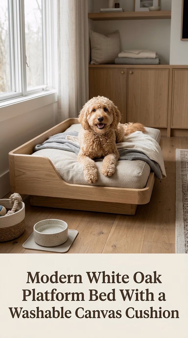 Modern White Oak Platform Bed With a Washable Canvas Cushion