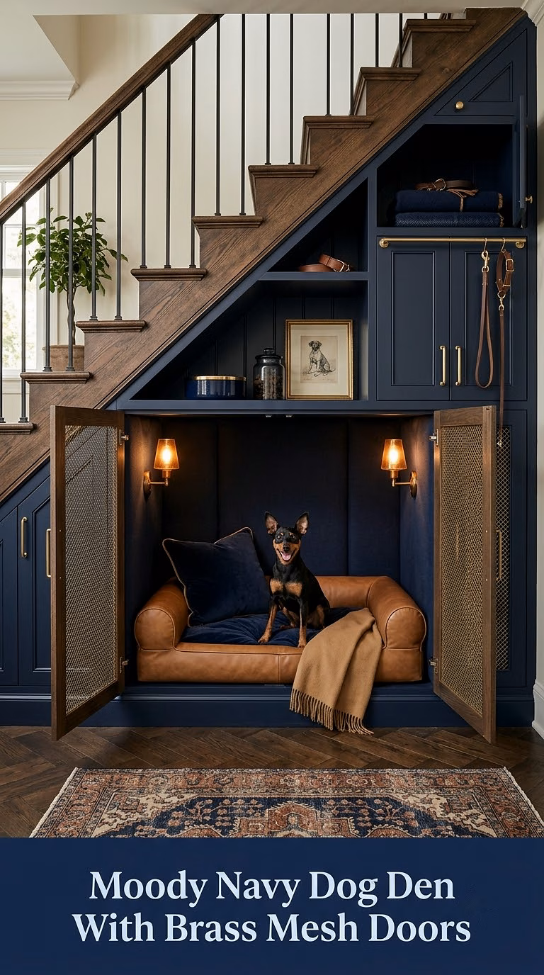 5. Moody Navy Dog Den With Brass Mesh Doors