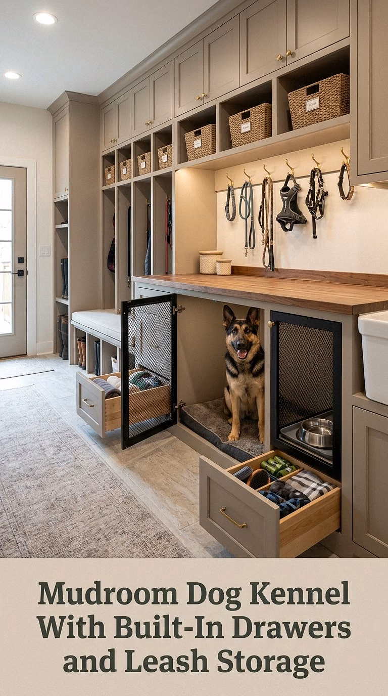 Mudroom Dog Kennel With Built-In Drawers and Leash Storage