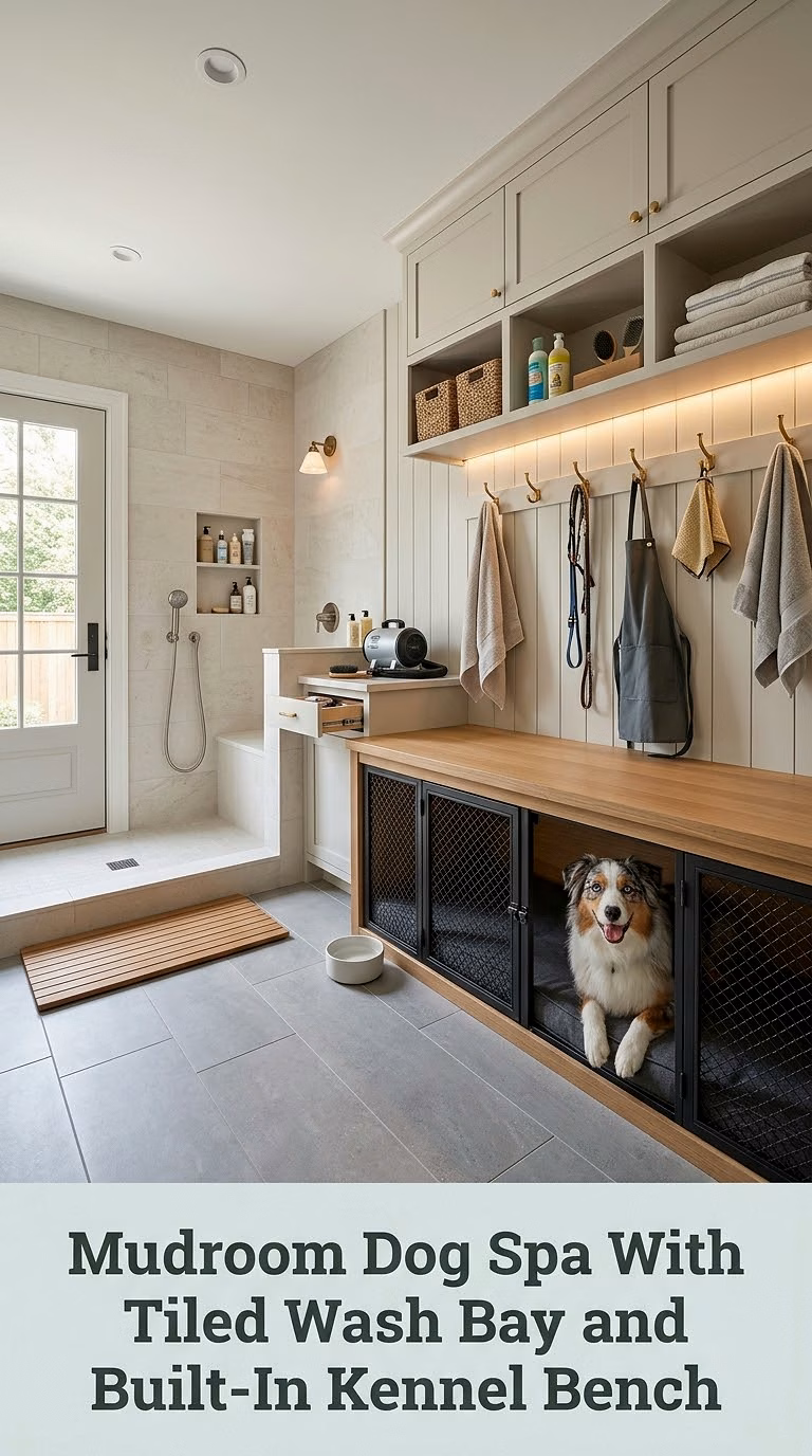 Mudroom Dog Spa With Tiled Wash Bay and Built-In Kennel Bench