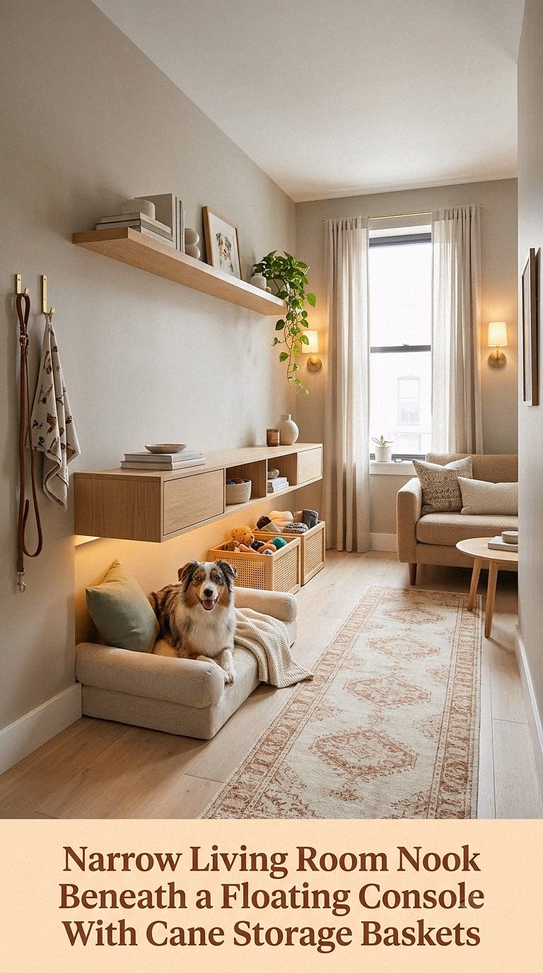 5. Narrow Living Room Nook Beneath a Floating Console With Cane Storage Baskets