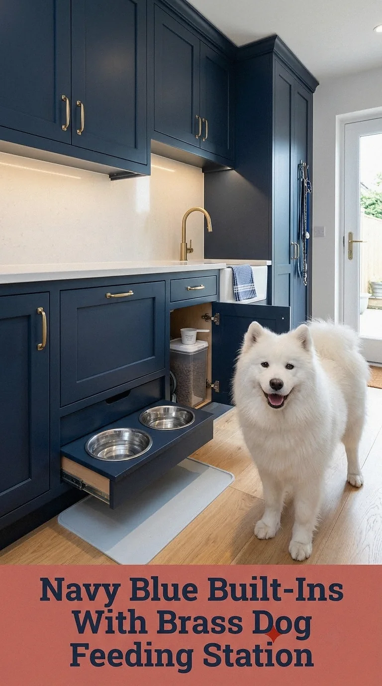 Navy Blue Built-Ins With Brass Dog Feeding Station