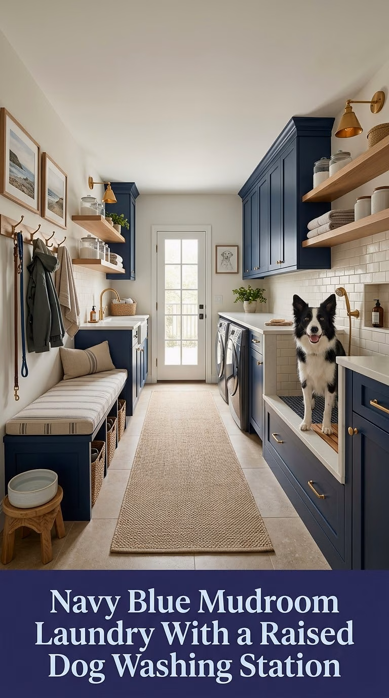 5. Navy Blue Mudroom Laundry With a Raised Dog Washing Station