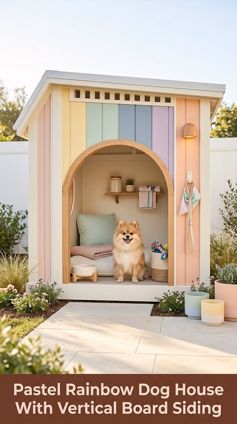 5. Pastel Rainbow Dog House With Vertical Board Siding