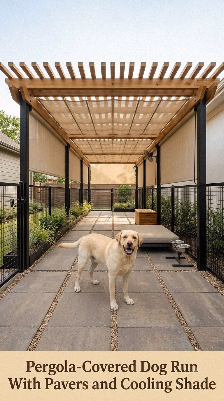 Pergola-Covered Dog Run With Pavers and Cooling Shade