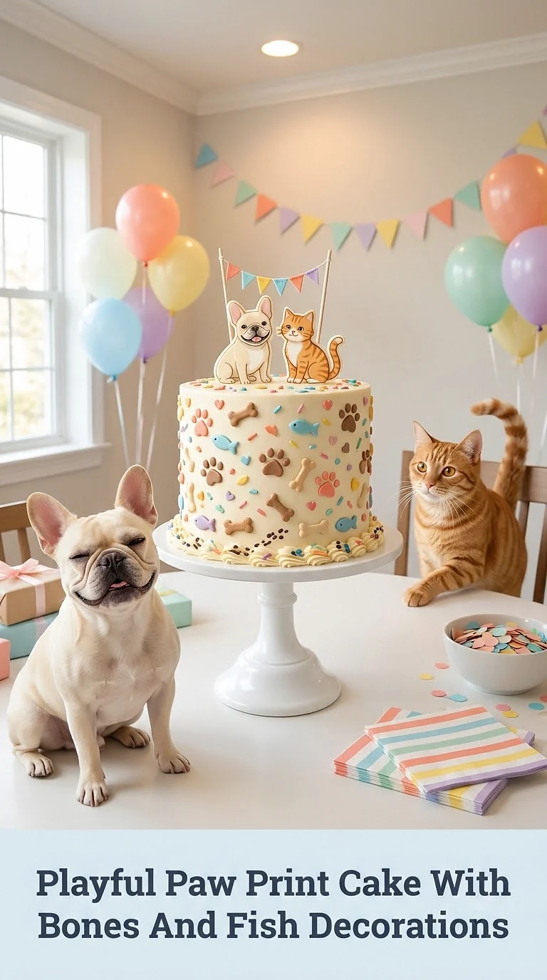 Playful Paw Print Cake With Bones And Fish Decorations