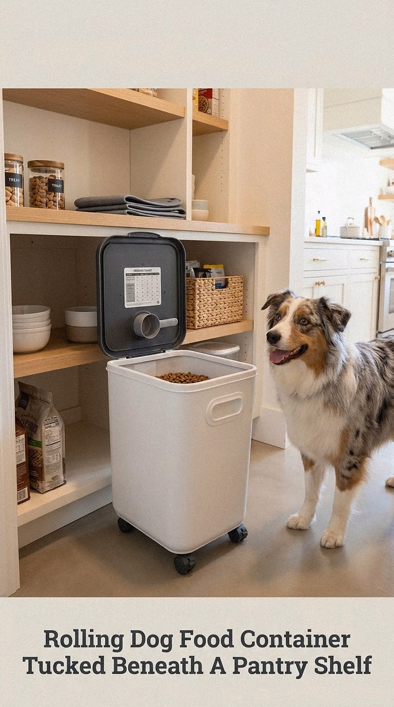 Rolling Dog Food Container Tucked Beneath A Pantry Shelf