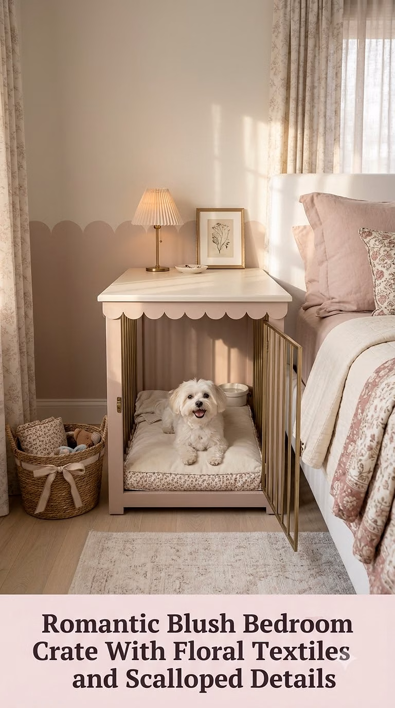 Romantic Blush Bedroom Crate With Floral Textiles and Scalloped Details