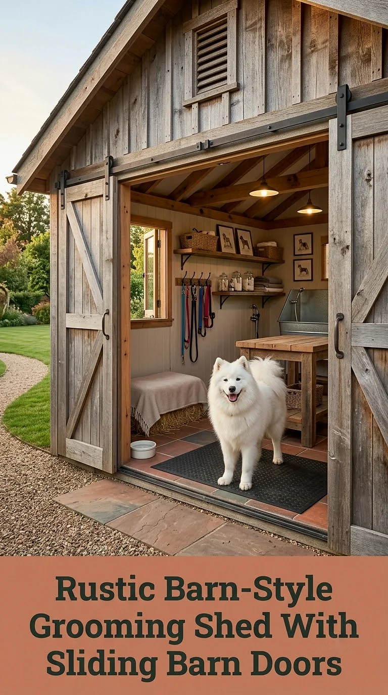 Rustic Barn-Style Grooming Shed With Sliding Barn Doors